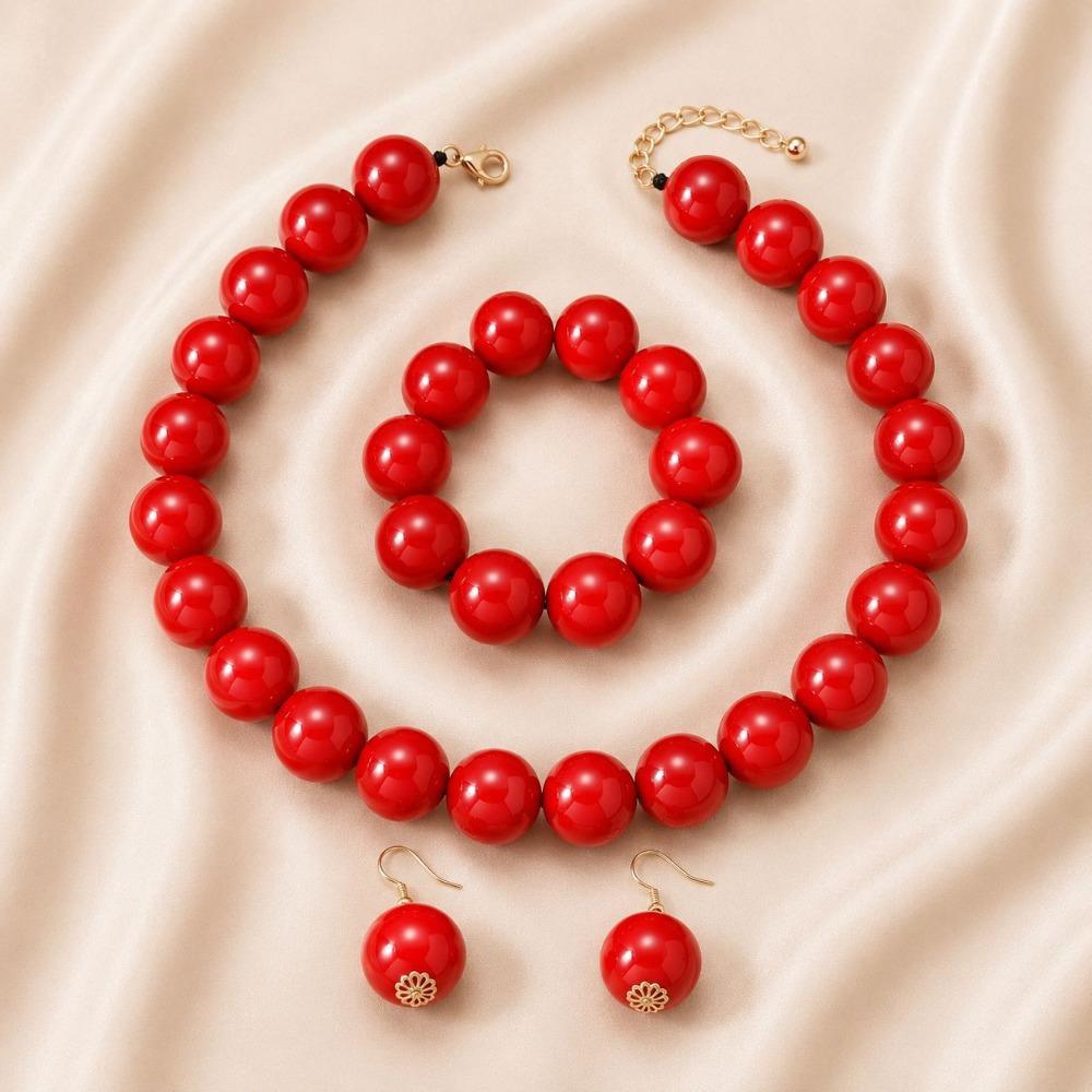 European and American Personality Exaggerated Design Round Bead Handmade Beaded Necklace Niche Retro Necklace Set Three-piece Set