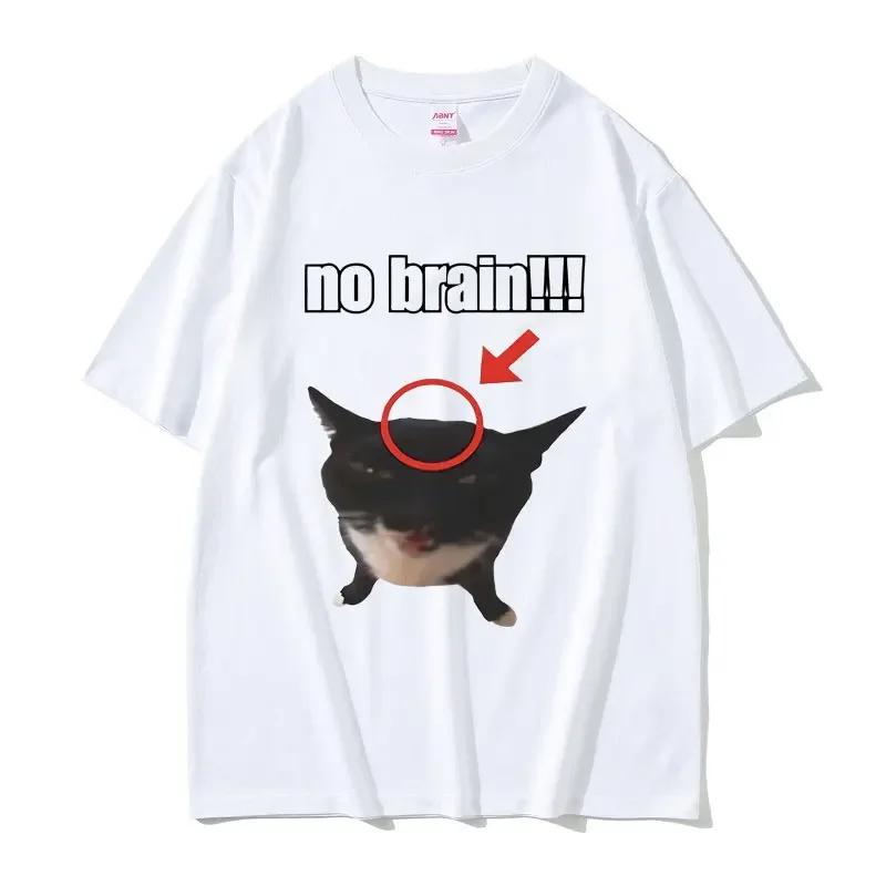 Funny Cat No Brain Graphic Print T Shirts Women Joke Humor Cute Kawaii Meme T-shirts Women Casual Tees Short Sleeve