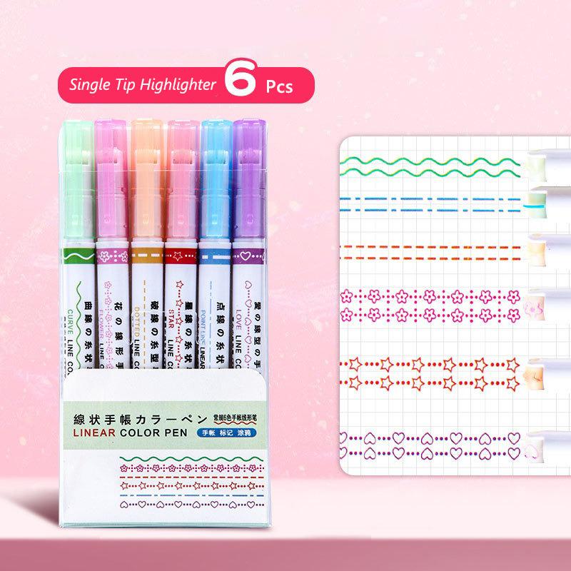 6 Pc/Set Flower Shape Outline Wavy Line Highlighter Pens Dual-Side Writing Markers Pens For Kids Students Journal Doodling