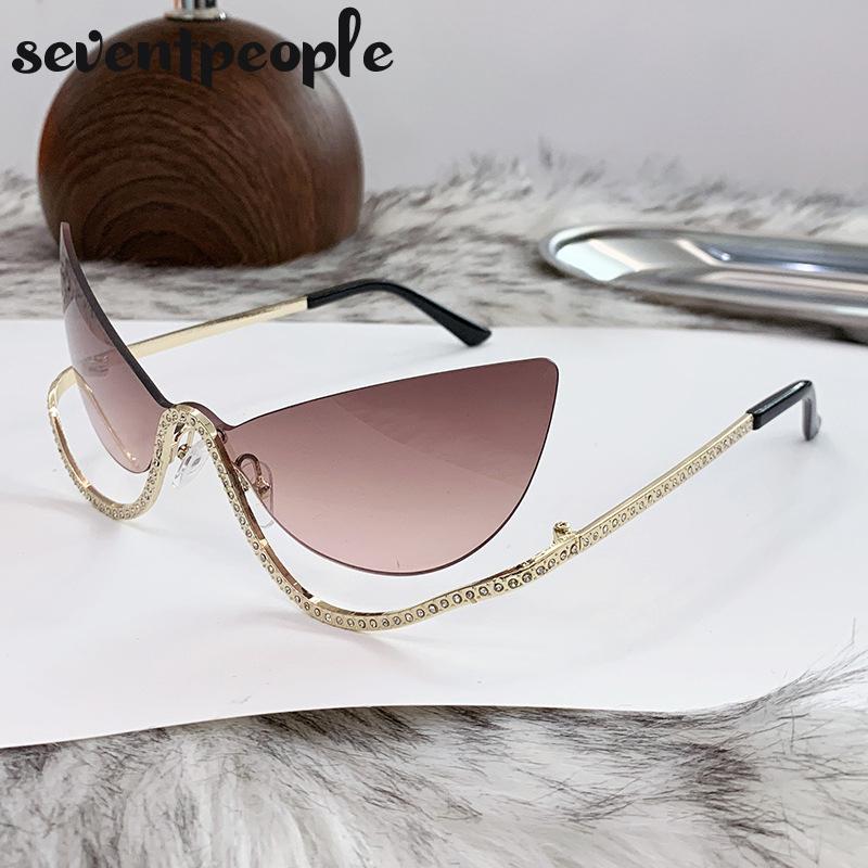 

Сексуальные солнцезащитные очки «кошачий глаз» в стиле панк без оправы для женщин, роскошный бренд, винтажная металлическая оправа, солнцезащитные очки со стразами для леди, очки, защита от УФ-излучения UV400