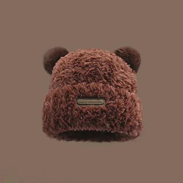 Cute Little Bear Hat Winter Thickened Big Headed Soft Glutinous Plush Hats Ear Protection Woolen Korean Warm Fluffy Fur Headgear