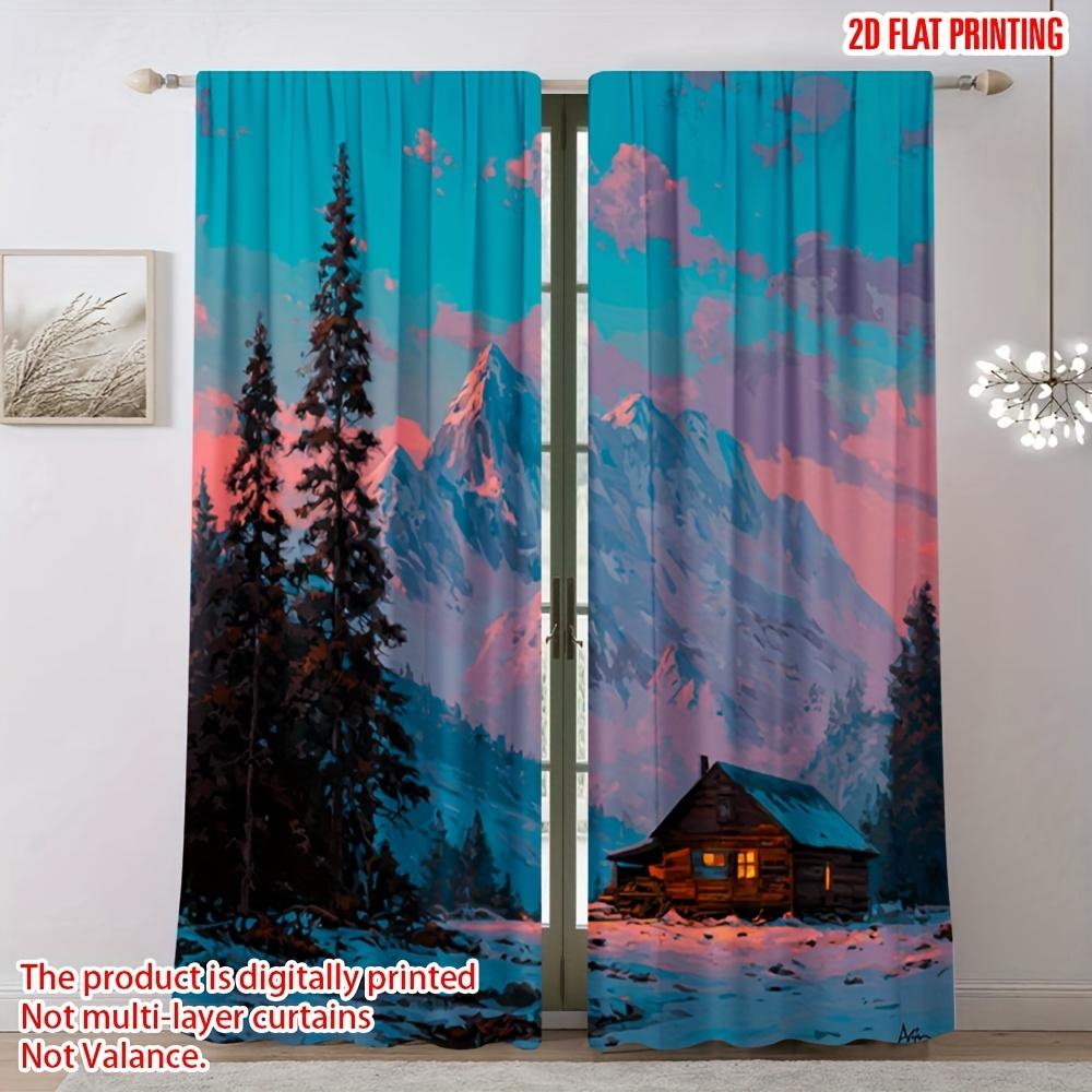 

2D Flat [2D Printed Curtains] 2pcs winterChristmas Snow Mountain Cabin and Pine Sunset design Polyester Perfect for Living 100*130 Grommet Top 1pcs