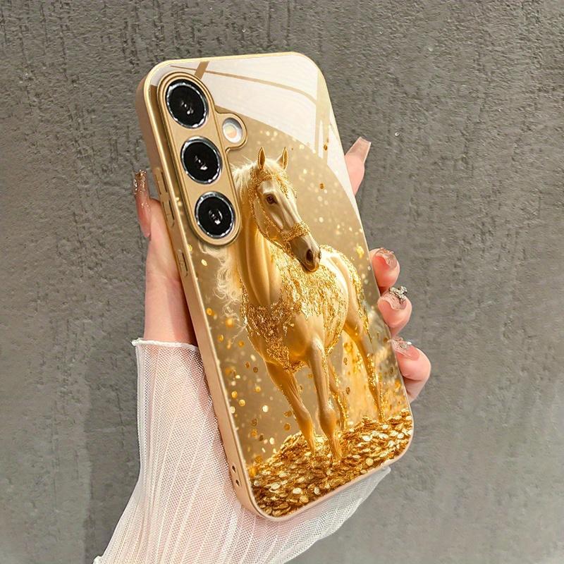 Stylish Golden Horse Pattern Glass Phone Case for Galaxy Ultra S24 S24 FE S24 Ultra S25 S25 Ultra S25 Plus S25 Edge