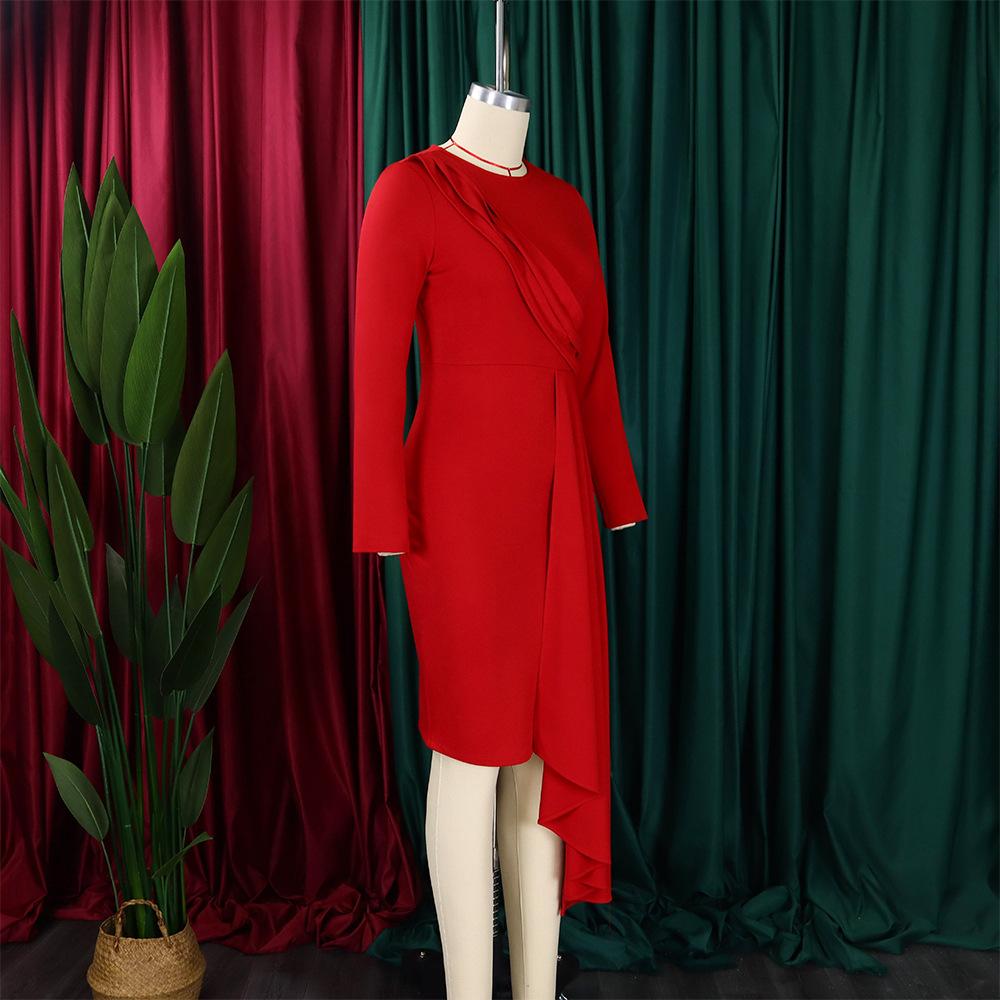JKASHDK Abiti casual a vita alta con scollo a maniche lunghe con stampa tinta unita primavera autunno moda donna