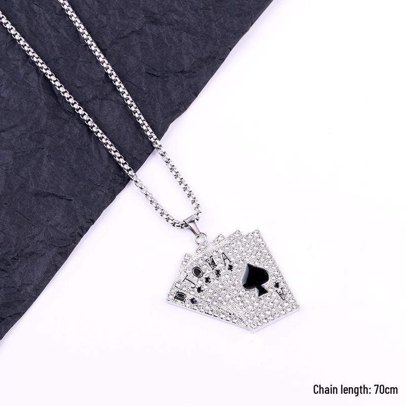 Trendy Cross-Border Rhinestone Pendant Necklace: Unisex Hip-Hop Style Stainless Steel Chain.