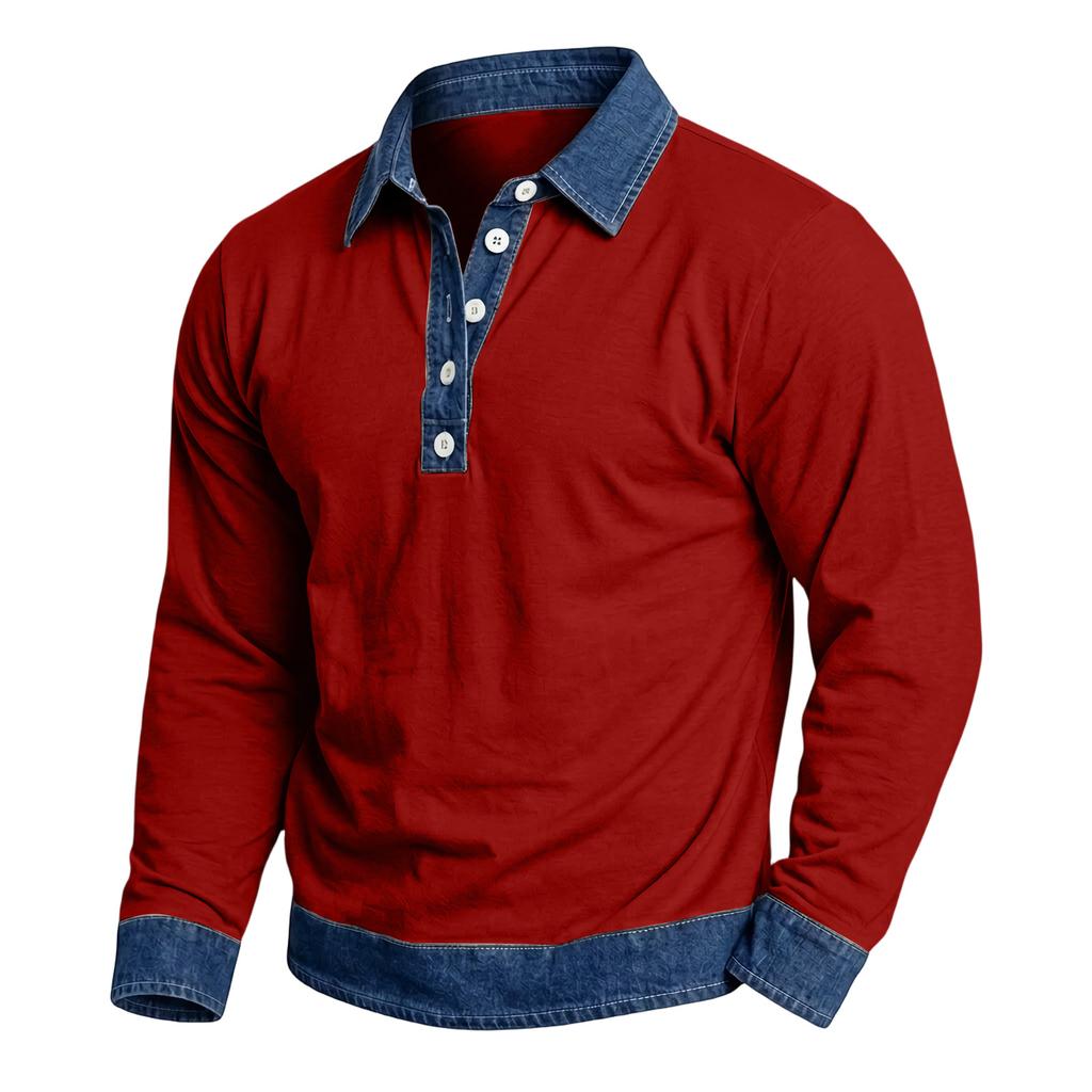 Herren Casual Patchwork Denim Langarmhemd mit Kragen