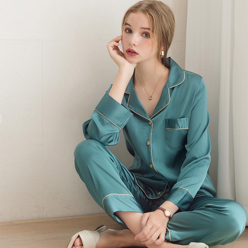 Ice Silk Couple Pajamas: Women's Long Sleeve Two-Piece Set, Spring/Autumn, Thin Style, Plus Size, Stylish Men's Home Wear