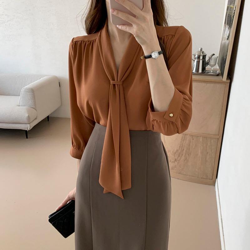 

Модная новая свободная белая шифоновая рубашка с бантом на воротнике для женщин, осенняя элегантная офисная женская повседневная блузка, винтажная простая облегающая женская блузка и топы 25335 One Size шоколадный