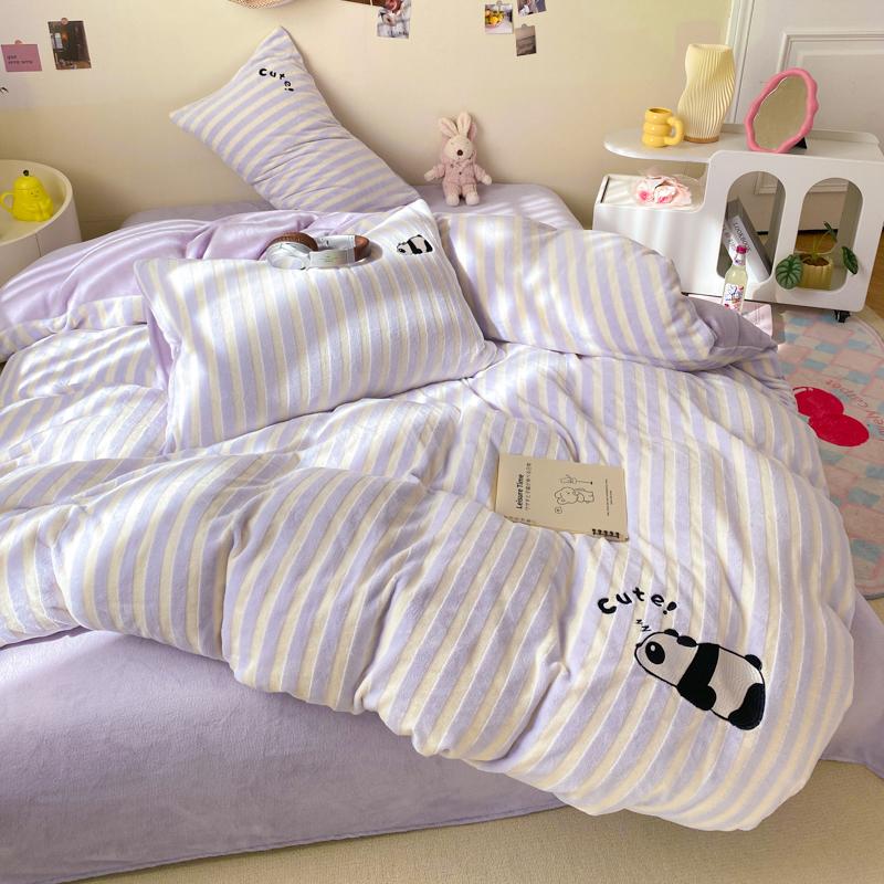 Small Fresh Skin-friendly and Comfortable Cartoon Wind Milk Fleece Striped Sticker Embroidery Four-piece Set