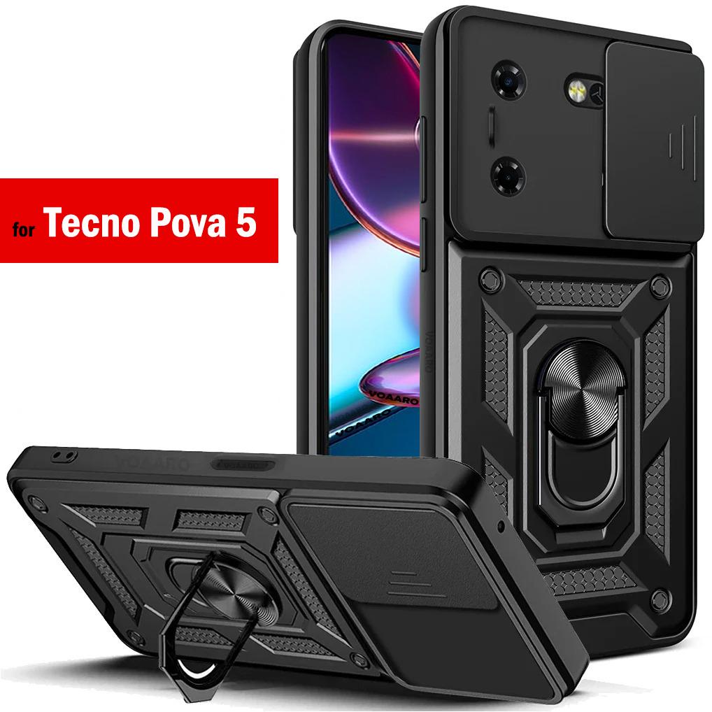 Slide Lens Camera Protective Armor Funda for Tecno Pova 5 Case Magnetic Ring Kickstand Holder Cover Shockproof Phone Capa