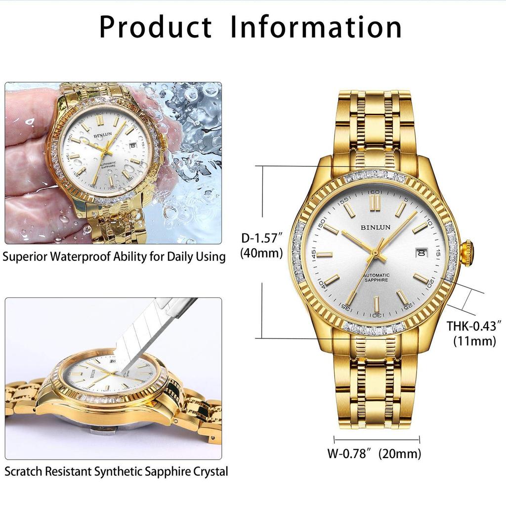 BINLUN Men's Gold Mechanical Automatic Watch with Water Resistance, Stylish Casual Business Watch with Stainless Steel Finish, Date Display, Perfect