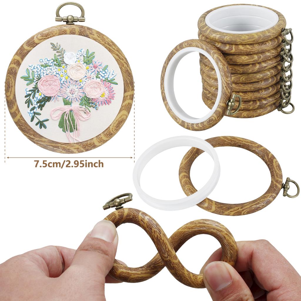 10 peças Aro de Bordado Redondo Imitando Madeira Anti Derrapante Borracha Aro para Ponto Cruz Círculo Portátil Moldura de Exibição Costura Manual Artesanato de Bordado Hangi