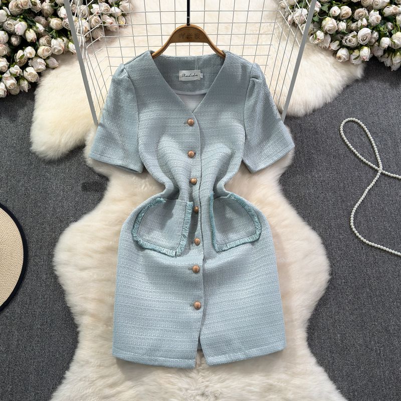 

Classic Style French Style V-neck Dress Fancy Fried Street Summer Elegant Socialite Slimming Unique Niche Style Skirt for Women Blue L