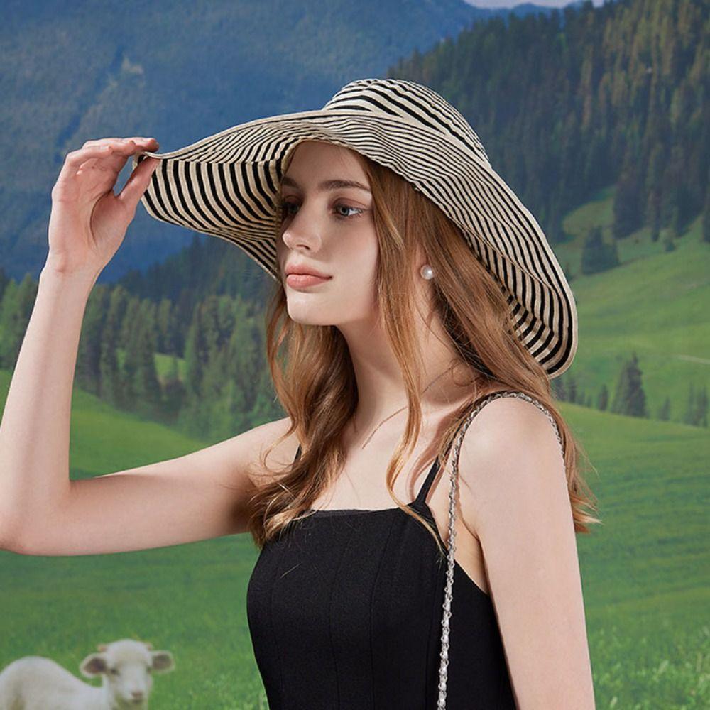 Wide Brim Stripe Bucket Hat Bow Sun Protection Cap Casual Fisherman Hat Hiking