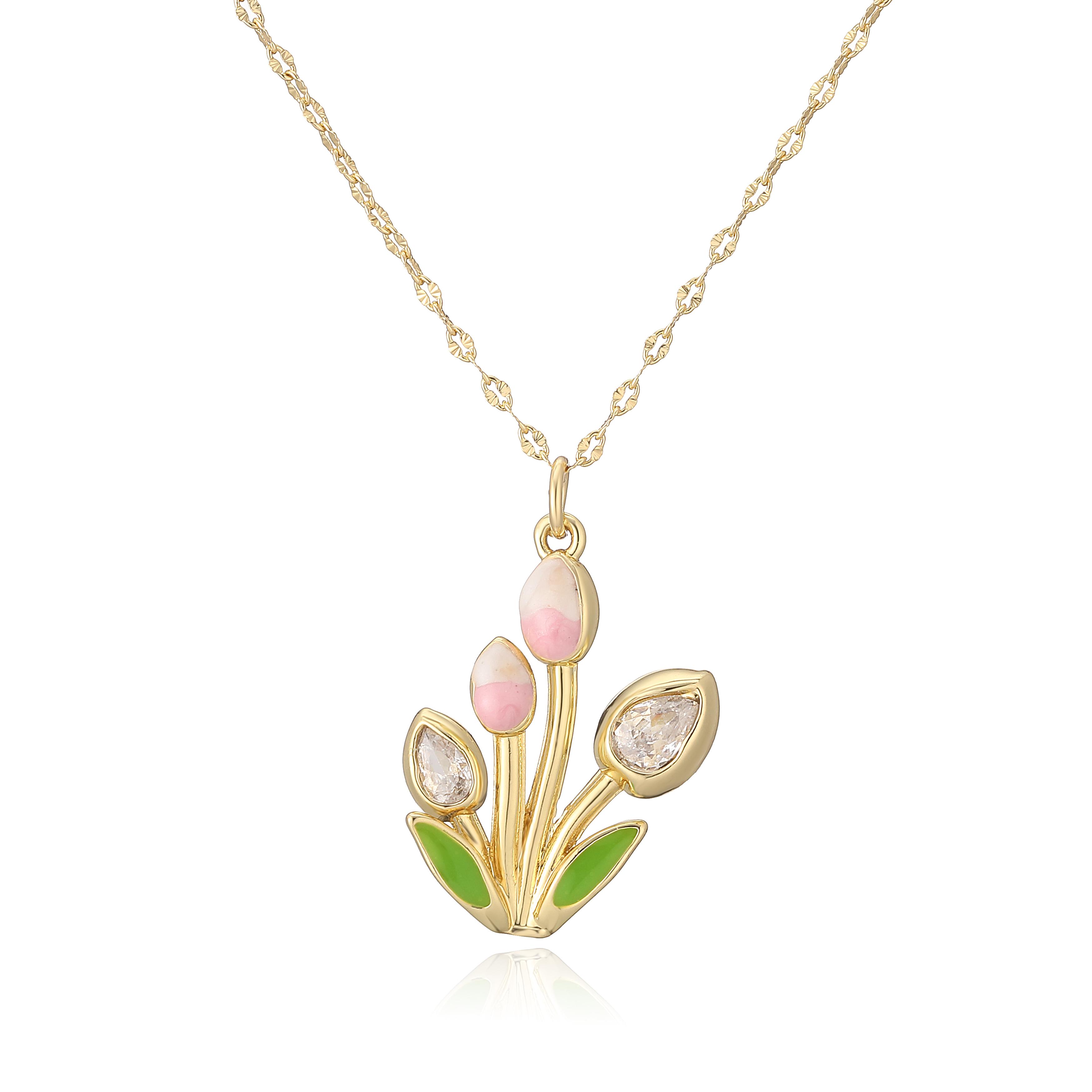 

Minimalist Enamel Glaze Pink/Red CZ Stone Tulip Flower Pendant Ring/Necklace/Earrings French Sweet and Romantic Zircon 1 Piece Other