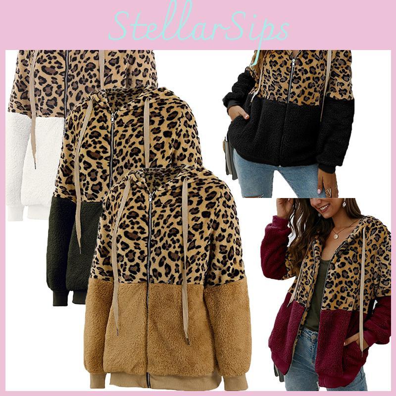 Stylish Women Bear Hooded Jackets With Cozy Fleece And Trendy Leopard Print Design
