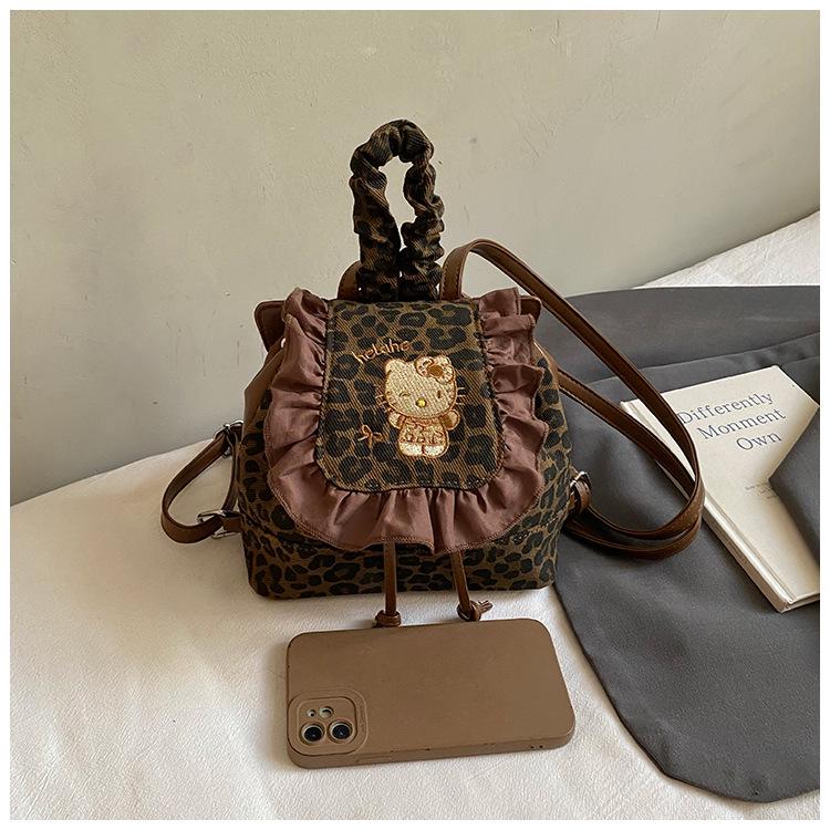 Hello Kitty Rucksack im koreanischen Retro-Stil mit Spitze und Leopardenmuster