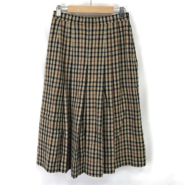 USED/DAKS Made In Japan 100% Wool Check Pleated Skirt Size 67-93 Brown