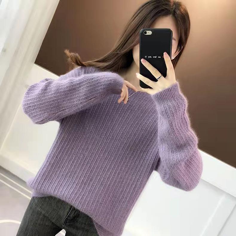 Autumn and Winter Women's Round Neck Pullover Sweater Loose Solid Color Long Sleeved Knitted Sweater for Women