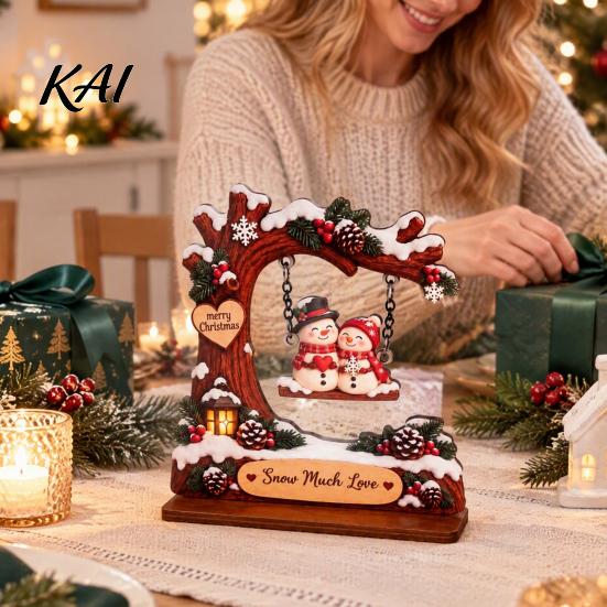 Festive Tabletop Display Wooden Christmas Swing Ornament, Cute Santa Claus Reindeer Penguin 2D Winter Theme Home Accents Flat Decoration for