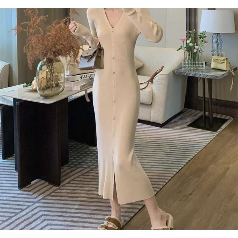 Elegant V-Neck Knit Midi Dress Women Slim Fit Long Sleeve Wrap Front Button Up Winter Office Wear