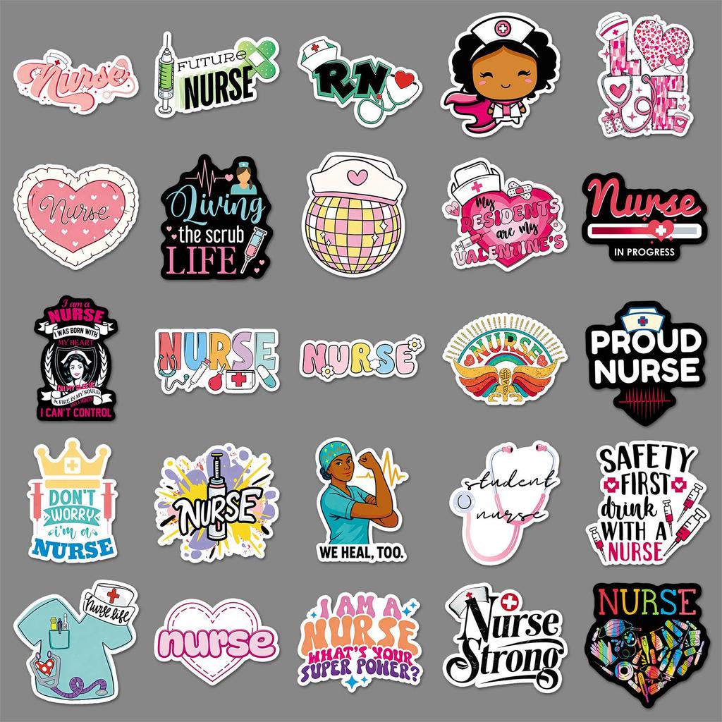 50 Waterproof Nurse's Day Stickers: Festival Characters & English Graffiti Designs for Decorating Fridges, Earphones, and Journals.