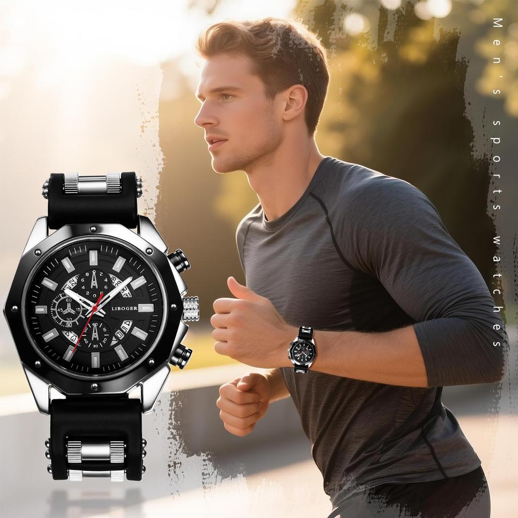 Men's Watch with Silicone Band, Trinocular Lens, Polygonal Case: Waterproof, Analog Display, Polygonal Dial, Calendar, Quartz Movement, Casual,