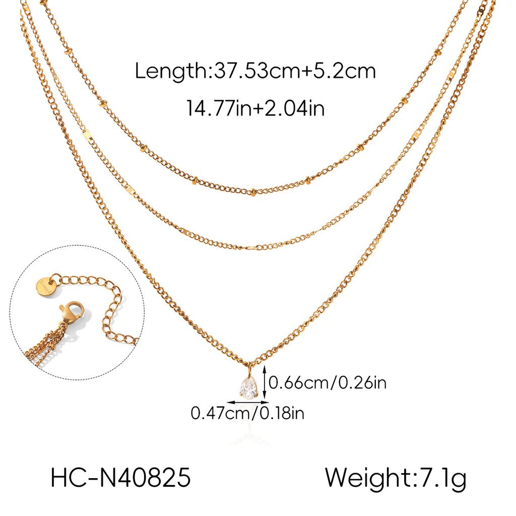 Niche design multi-layer necklace, titanium steel plated with 18k gold, non-fading, teardrop zircon, Y-chain, layeravicle chain
