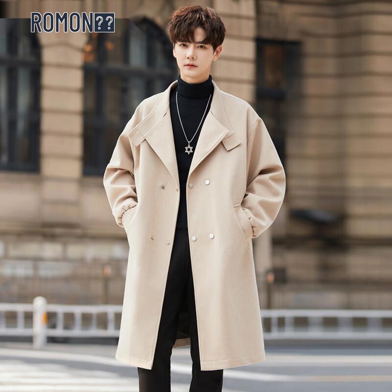 ROMON Men's Double-Breasted Mid-Length Trench Coat
