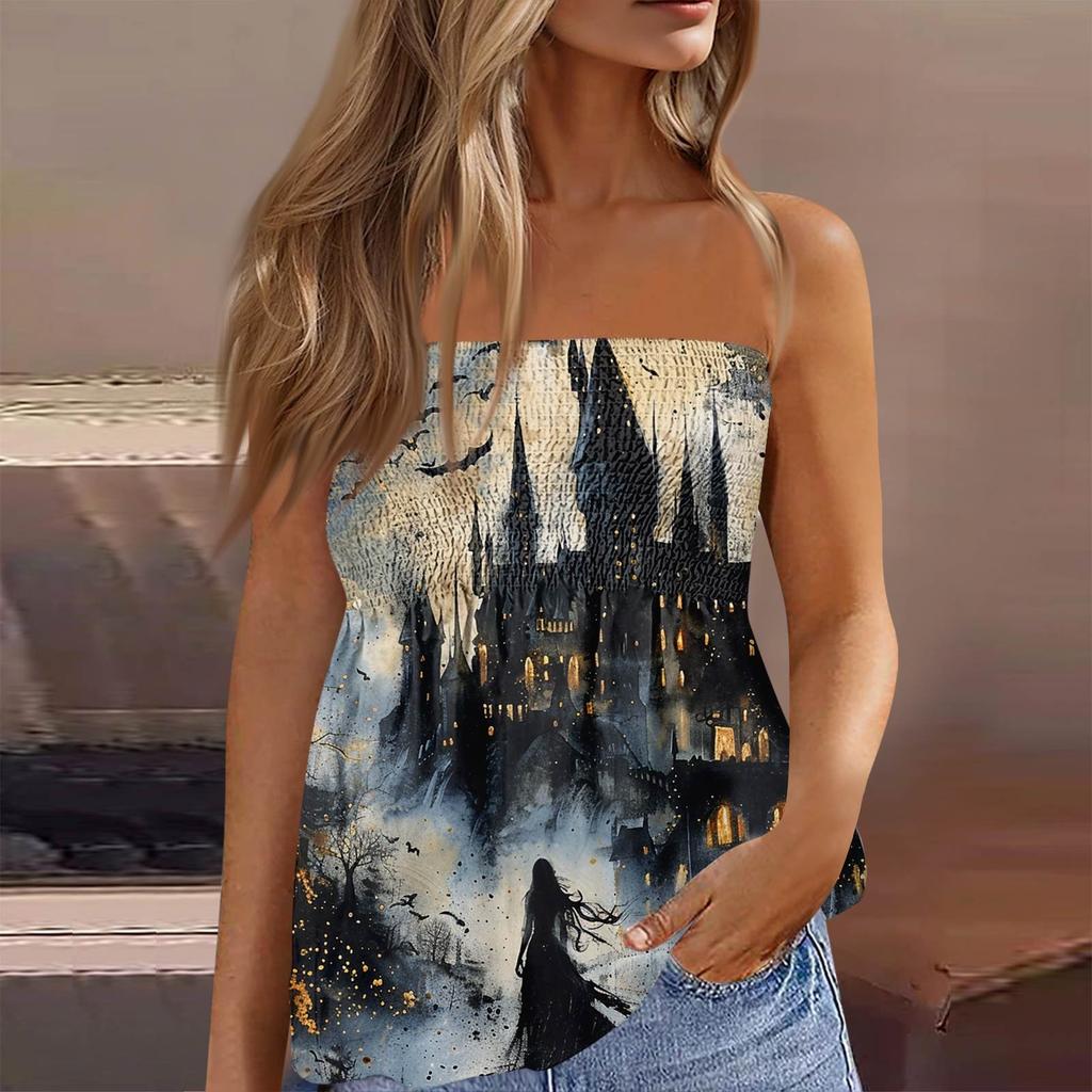 Summer Tube Tops For Women,Cute Sexy Off Shoulder Print Sleeveless T-Shirt
