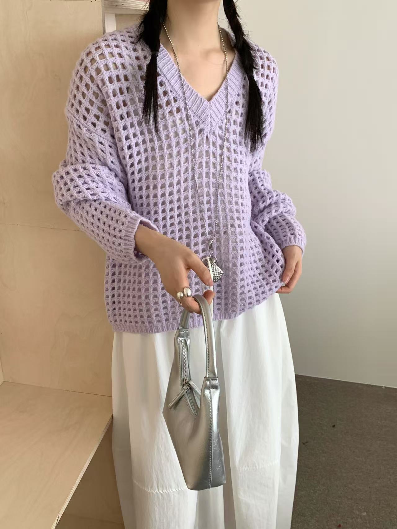 

Ленивый ветер полый V-образный пуловер свитер женская одежда осень и зима новый свободный и тонкий свитер блузка топ One size фиолетовый