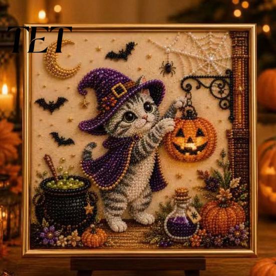 Family Fun Handcrafts Halloween Cat Faux Pearl Painting Art Kit, Spooky 3D Beads Creative Gift Crafts, Cute Witch Gem Wall for Adults, Craft