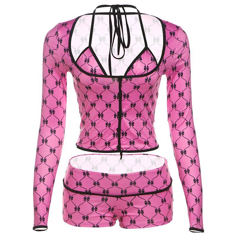 

Fashion 2025 Spring New Arrival Women s Clothing Sexy Halter Small Sling round Neck Midriff-Baring Long Sleeves Silm Shorts Three-Piece Set Rose Red L