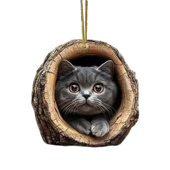 2D Kočičí Dekorace Závěsná Akrylová Kočka v Dírce Stromu Dekorace Ozdoba na Vánoční Stromek pro Milovníka Koček Dárek Slavnostní Dekor