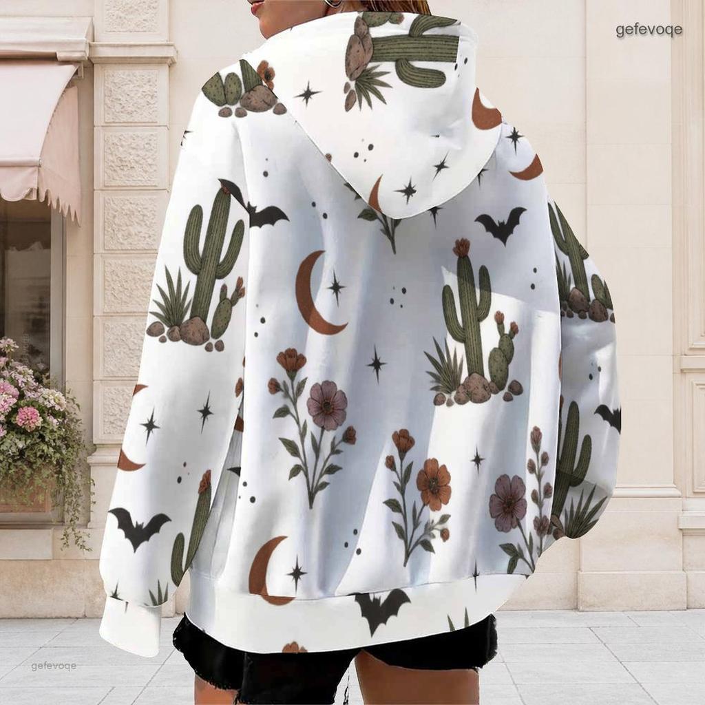 Women Plus Size Zip Up Long Sleeve Hoodie Cute Ghost Witch Printed Drawstring Hood Pockets White
