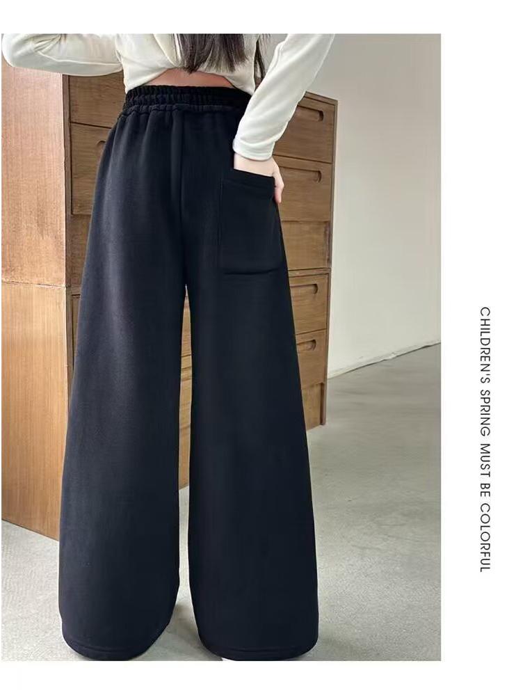 Girls' Black Velvet-Lined Sweatpants - Autumn/Winter 2025 Collection - Straight Leg Style for Older Children and Junior High Students