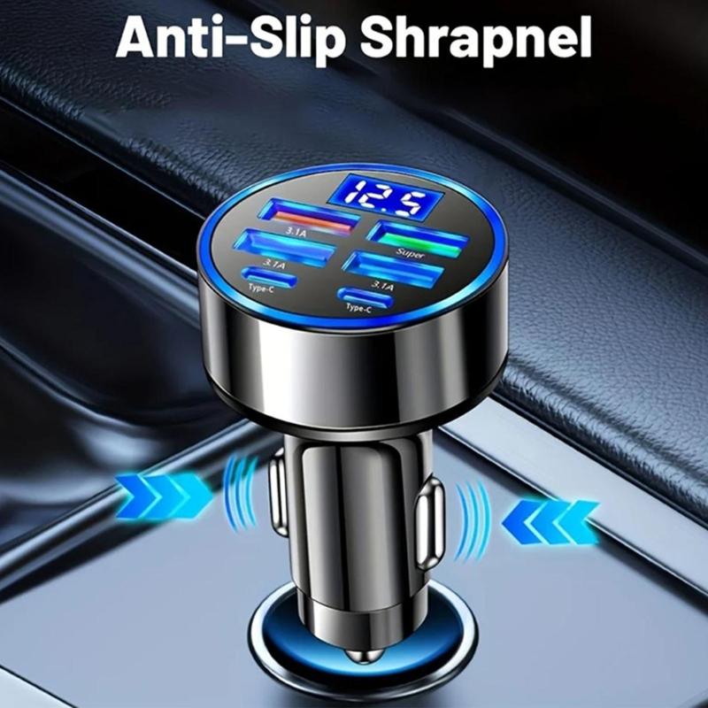 Practical Metal Plastic Car Charging Adapter with 4 USB Ports Real Time Current Voltage Screen Display for Car Use