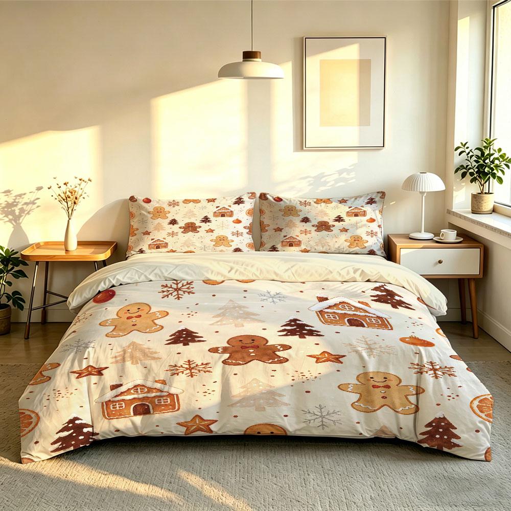 3PCS Duvet Cover Set Christmas Gingerbread Man Christmas Tree Cabin Xmas Bedding Set Holiday Bedroom Decor