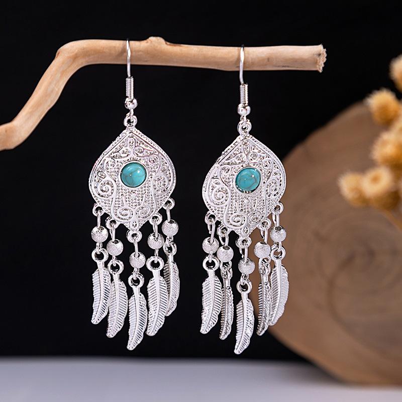 Bohemian Fringed Turquoise Earrings Retro Ethnic Style Earrings Personality Temperament Earrings
