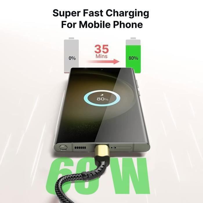 Câble USB-C vers USB-C Charge Rapide 60W pour iPhone 16 Pro Max - iPhone 16 Pro - iPhone 16e - Nylon Renforcé Noir 1M