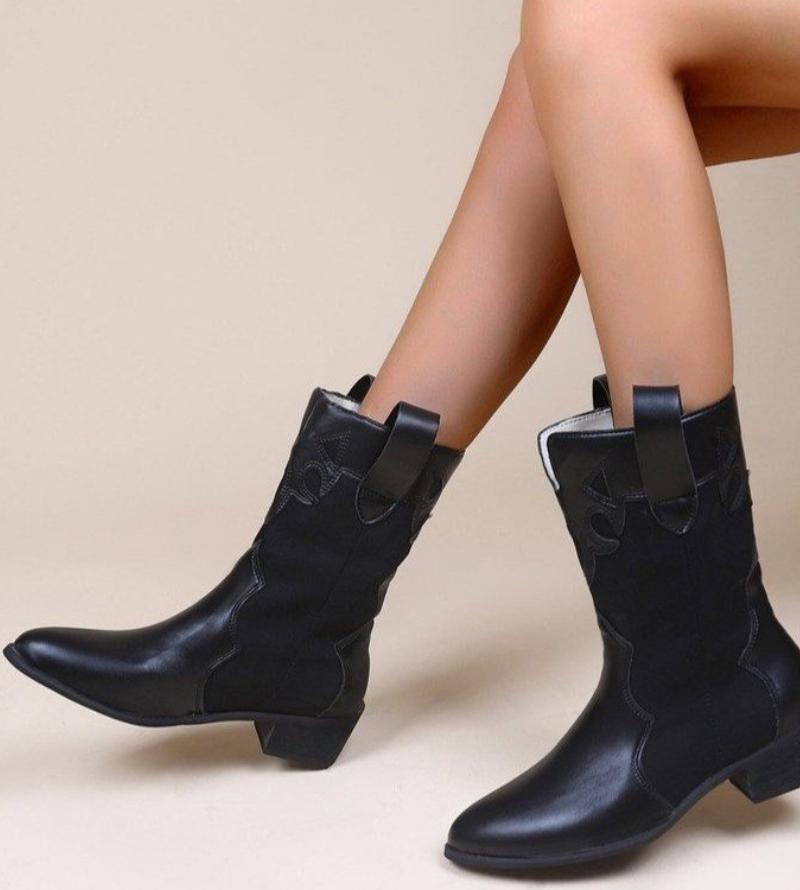 Nové westernové kovbojské boty pro ženy Dámské boty se špičatou špičkou Embossované semišové boty Dámské boty s robustním podpatkem do poloviny lýtek