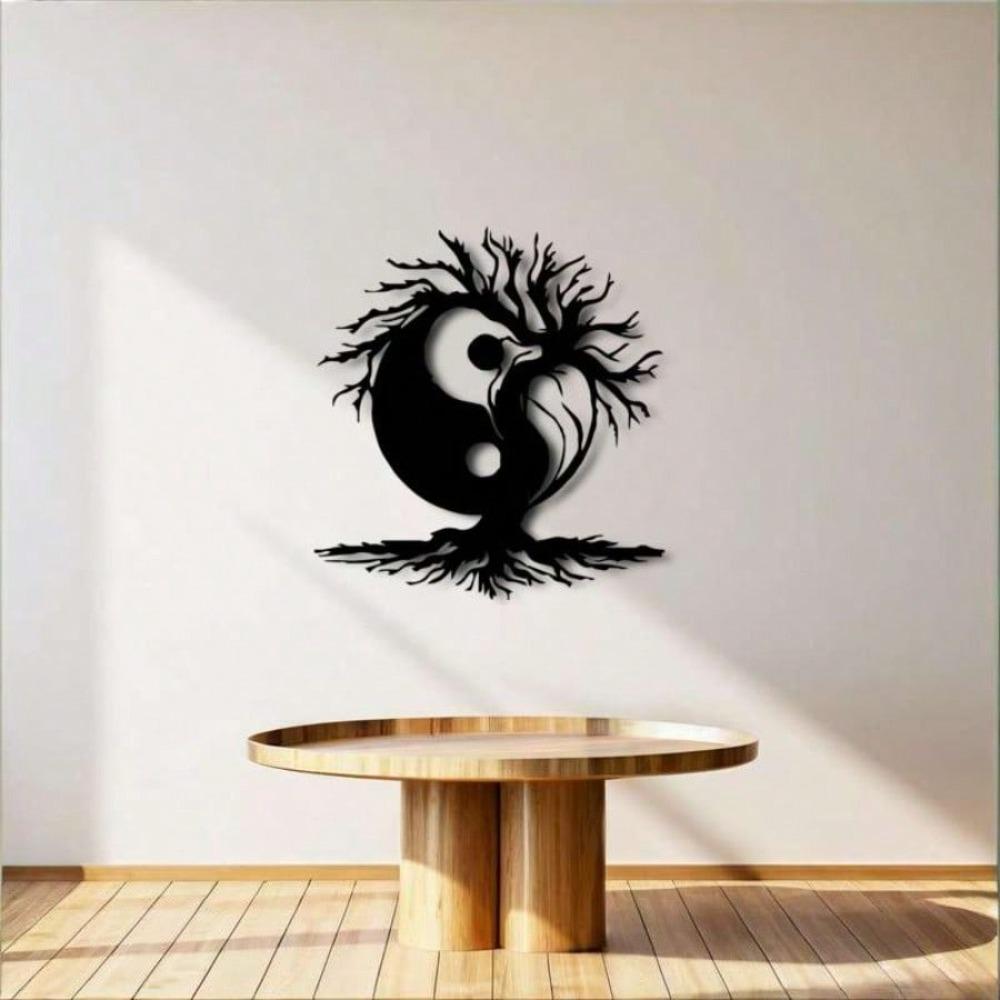 Yin Yang Metal Wall Art, Chinese Iron Tree of Life Sculpture for Office Living Room, Zen Meditation Home Decor, Black White Harmony Gift