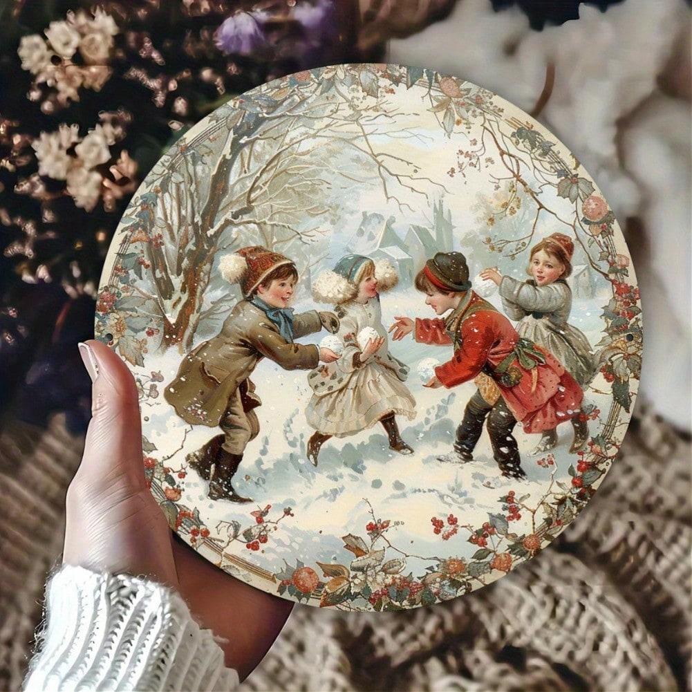 Winter Snowball Fight Aluminum Metal Sign Wall Art Tin Painting 8x8 Inch Home Decor