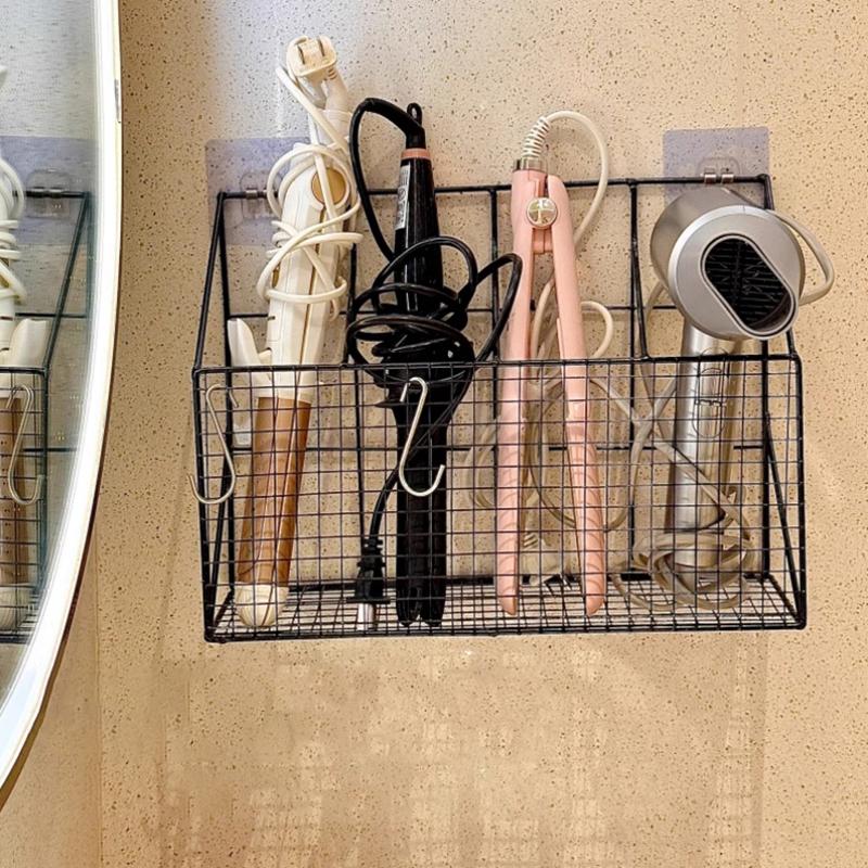 Wall Mounted Hair Dryer Holder Curling Iron Holder Hair Styling Tools Organizer With Shelf Hooks Multi-Functional Storage Rack