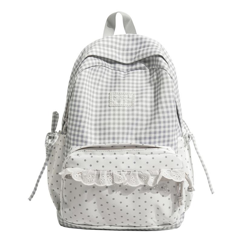 Cute Checkered Backpack for Women and Girls with Polka Dot Pockets and Lace Trim School Bag серый