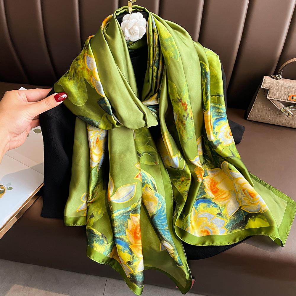 New silk scarf new silk satin printed shawl holiday fashion sunscreen long section simulation silk scarf