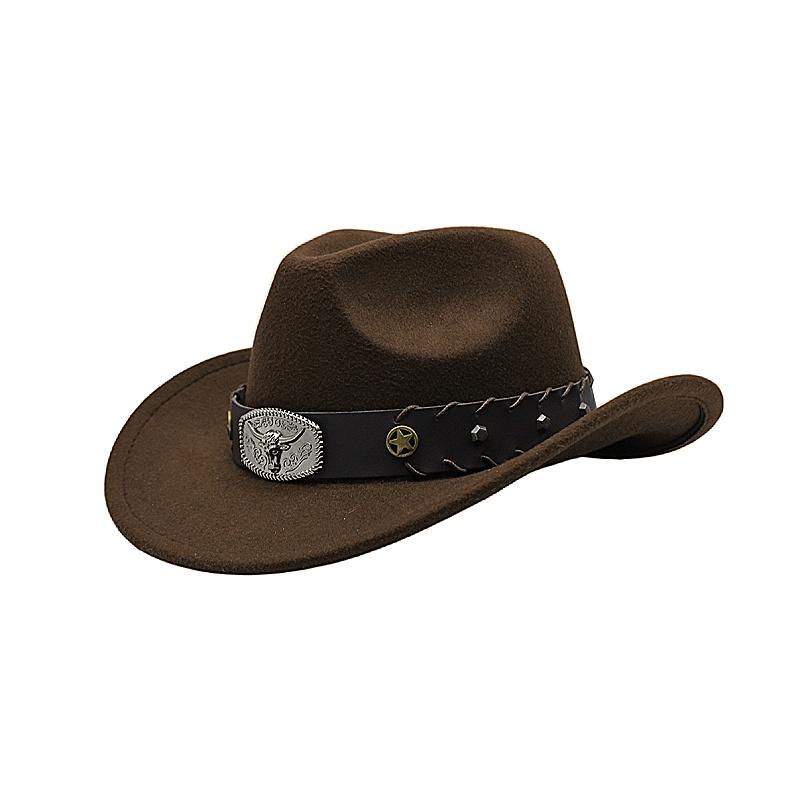 Men Western Cowboy Star Decoration Fedora Hat Large Brim Upturned Travel Versatile Sunshade Hat With Bullhead Design