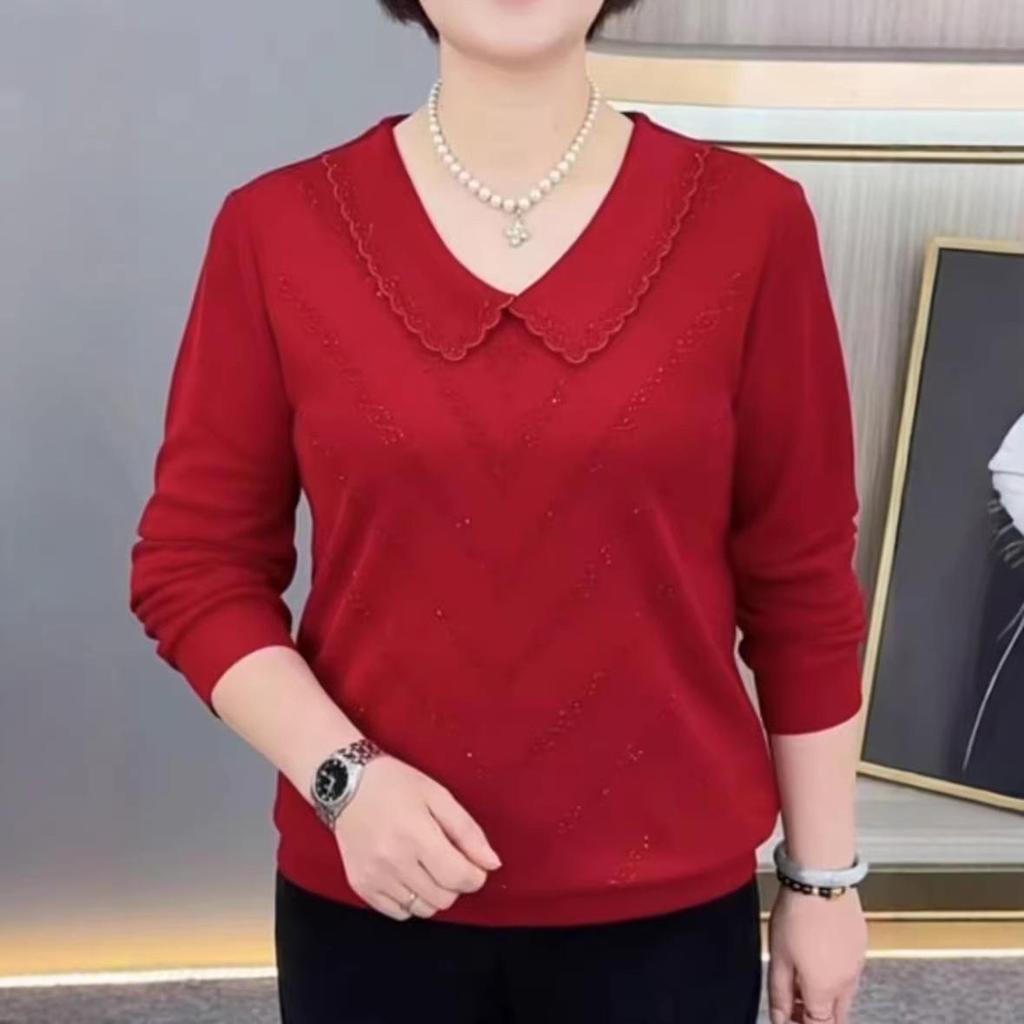 Autumn Chic Long-Sleeve Slimming Rhinestone Doll Collar T-Shirt