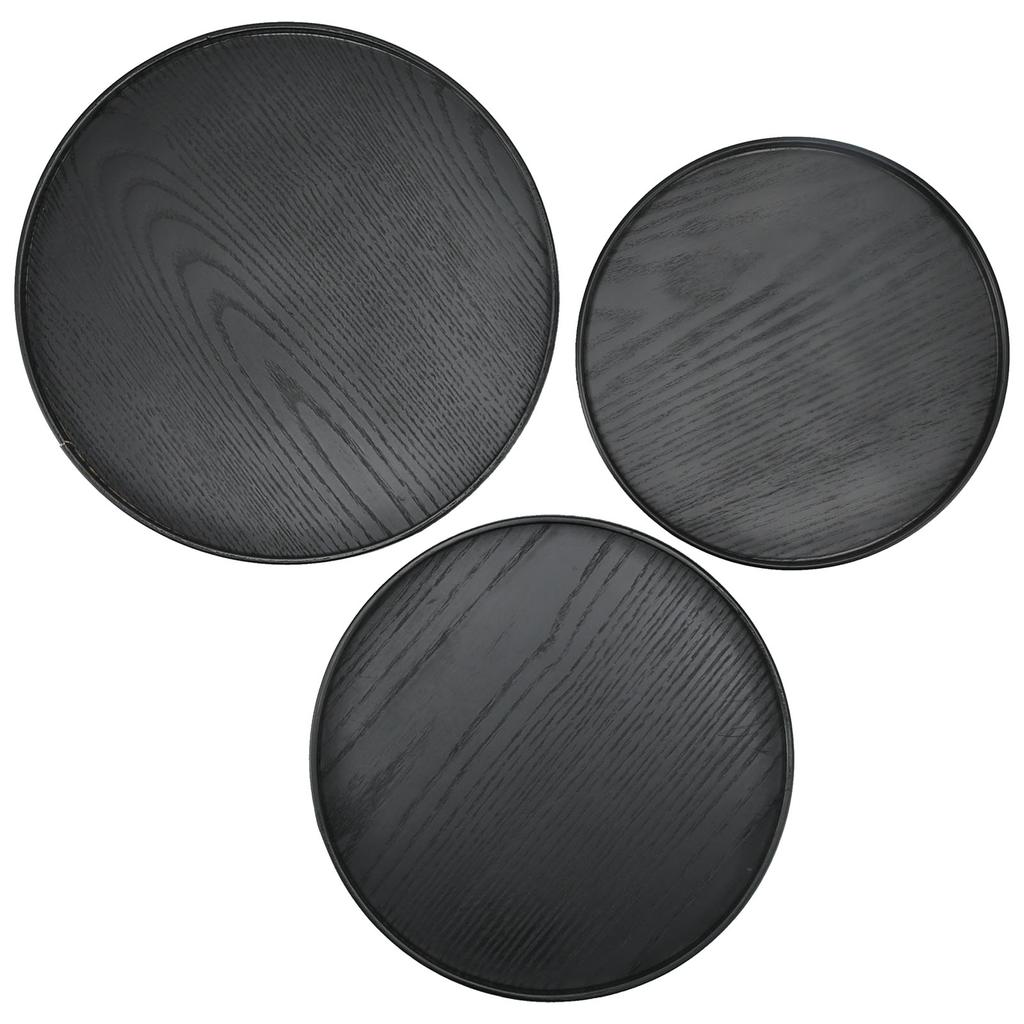 3-teiliges Set 30cm 27cm 24cm Durchmesser Runde Schwarze Holztablett Geschirr Dessert Obsttablett für Zuhause Hotel
