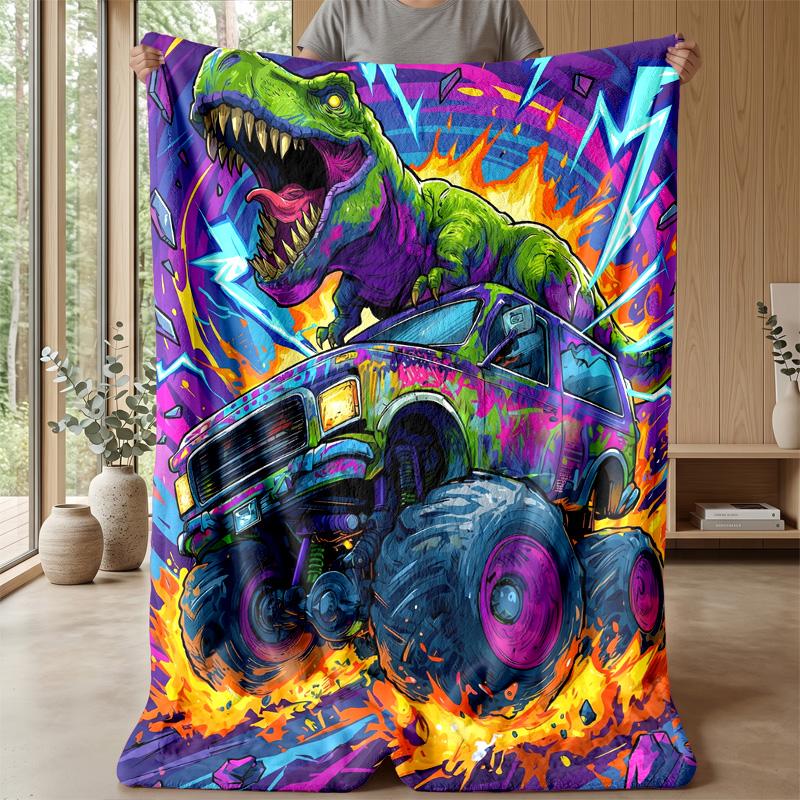 Dinosaur Monster Truck Adventure Blanket Personalized Name Flannel Blanket Soft Cozy Plush Throw for Sofa Bed Lightweight Home Decor